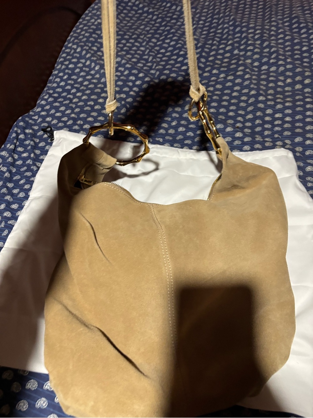 Suede Camel Shoulder Hobo Bag with Gold Accents